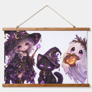 Süße Gothic-Hexe und Halloween-Geist-Tapete Wandteppich Mit Holzrahmen