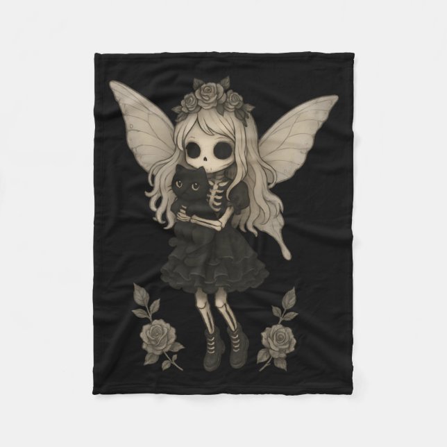 Süße Gothic-Skelett-Fee mit schwarzer Katze Fleecedecke (Vorderseite)