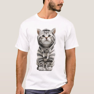 Süße graue getigerte Katze in gestreiftem Hoodie T-Shirt