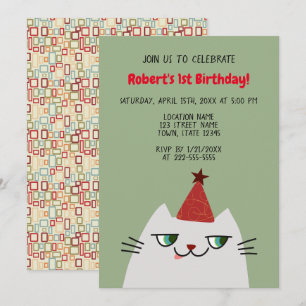 Süße graue Katze 1. Geburtstag Einladung