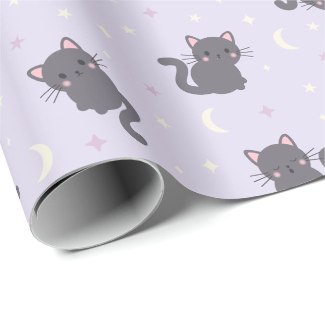 Süße graue Katze lila Geschenkpapier (Rolleneckpunkt)