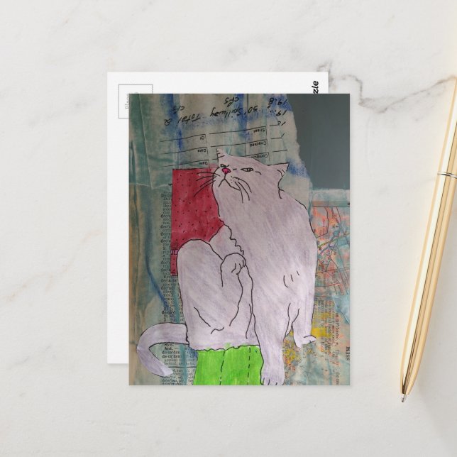 Süße graue Katze Mixed-Media-Collage Postkarte (Vorderseite/Rückseite Beispiel)
