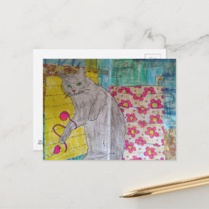 Süße graue Kitty Mixed-Media-Collage Postkarte