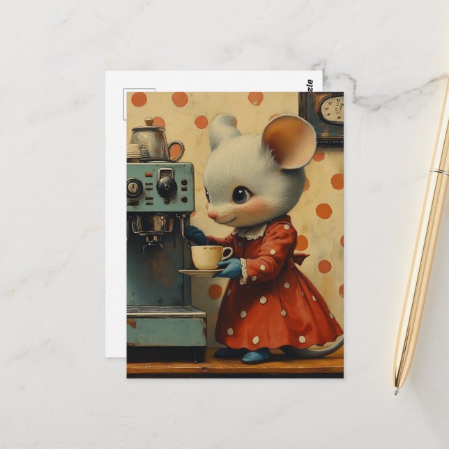 Süße graue Maus macht Kaffee Postkarte (Vorderseite/Rückseite Beispiel)