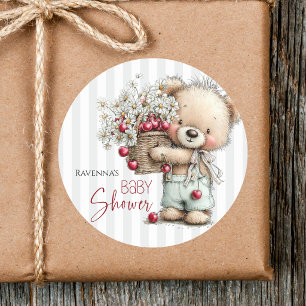 Süße graue Streifen Teddy Daisy Kirsche Baby Showe Runder Aufkleber