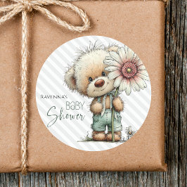Süße graue Streifen Teddy große Daisy Baby-Party Runder Aufkleber