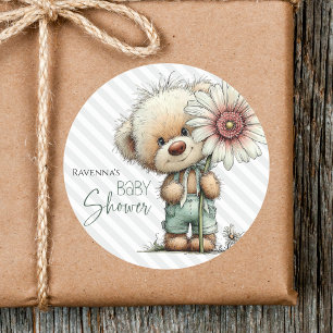 Süße graue Streifen Teddy große Daisy Baby-Party Runder Aufkleber