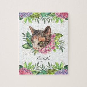 Süße grünäugige Blumenkatze Name Puzzle