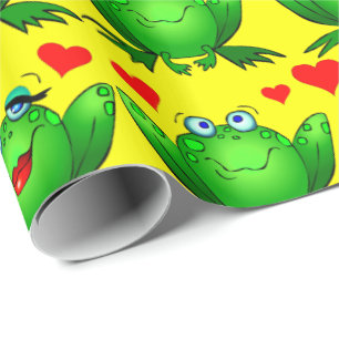 Süße grüne Cartoonfrösche lieben Herzen Gelb Geschenkpapier
