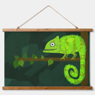 Süße grüne Chamäleon-Illustration tropisches Repti Wandteppich Mit Holzrahmen