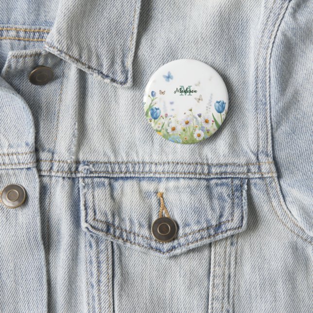 Süße grüne Frühlingsblumen-Wildblumenstrauß Monogr Button (Beispiel)