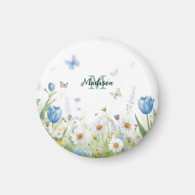 Süße grüne Frühlingsblumen-Wildblumenstrauß Monogr Magnet (Vorne)