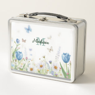 Süße grüne Frühlingsblumen-Wildblumenstrauß Monogr Metall Brotdose