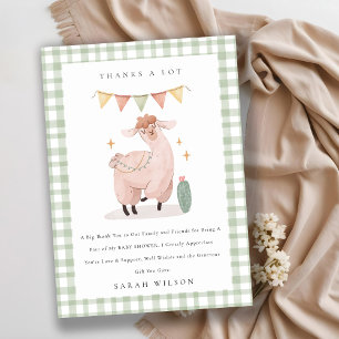 Süße grüne karierte Kaktus Boho Lama Baby Shower Dankeskarte