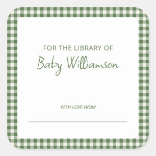 Süße grüne Karo-Gingham-Baby-Shower-Exlibris Quadratischer Aufkleber