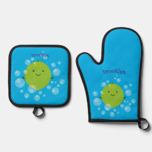 Süße grüne Limette Blasen Cartoon-Illustration Ofenhandschuh & Topflappen-Set