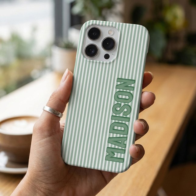 Süße grüne und weiße Nadelstreifen personalisierte iPhone Hülle (Von Creator hochgeladen)