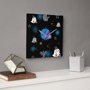 Süße gruselige Halloween-Galaxie Quadratische Wand Wanduhr