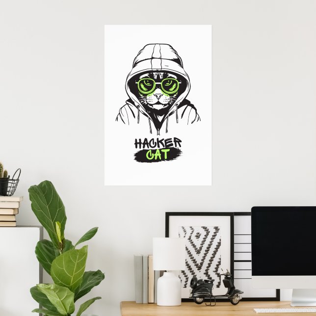 Süße Hacker-Katze Illustration – Cybersicherheits- Poster (Heimbüro)