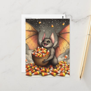 Süße Halloween-Fledermaus mit Süßigkeiten Postkarte