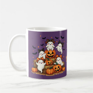 Süße Halloween-Geister in Coquette-Schleifen und K Kaffeetasse