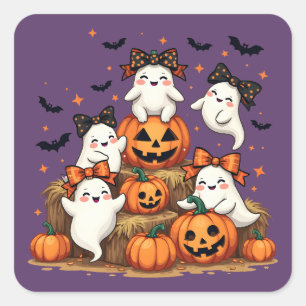 Süße Halloween-Geister in Coquette-Schleifen und K Quadratischer Aufkleber