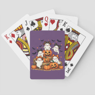 Süße Halloween-Geister in Coquette-Schleifen und K Spielkarten