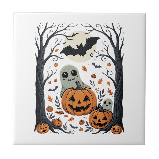 Süße Halloween-Geister und Jack O Lantern Wald Fliese (Vorderseite)