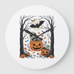 Süße Halloween-Geister und Jack O Lantern Wald Große Wanduhr