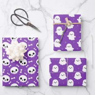 Süße Halloween-Geister- und Totenkopf-Muster Geschenkpapier Set