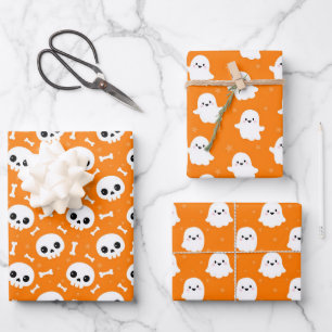 Süße Halloween-Geister- und Totenkopf-Muster Geschenkpapier Set