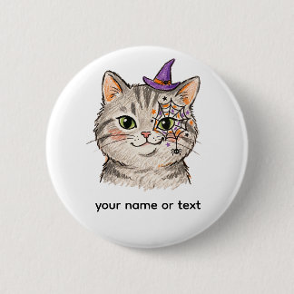 Süße Halloween-Graue Tabby-Katze Spinnennetz-Gesic Button