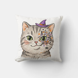 Süße Halloween-Graue Tabby-Katze Spinnennetz-Gesic Kissen