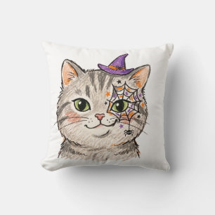 Süße Halloween-Graue Tabby-Katze Spinnennetz-Gesic Kissen