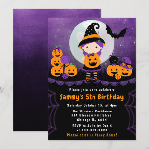 Süße Halloween-Hexe und Kürbisse Geburtstagsfeier Einladung