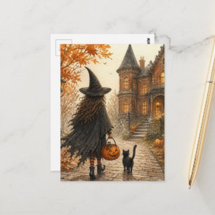 Süße Halloween-Hexe und schwarze Katze Postkarte