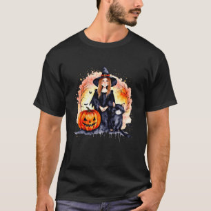 Süße Halloween-Hexen-Girl mit Katze und Kürbis T-Shirt