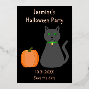 Süße Halloween-Katze und Kürbis Save-the-Date Folien Feiertagskarte
