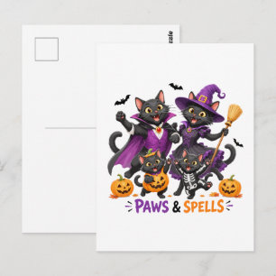 Süße Halloween-Katzen Pfoten und Zauber Postkarte