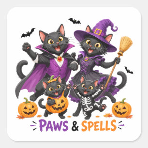 Süße Halloween-Katzen Pfoten und Zauber Quadratischer Aufkleber