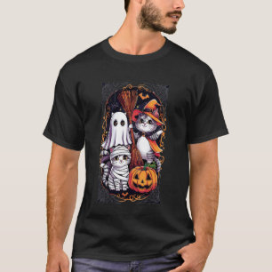 Süße Halloween-Katzen-Trio-Geist-Hexe-Mumie-Kürbis T-Shirt