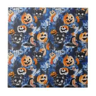 Süße Halloween-Katzen und orange Kürbisse auf Navy Fliese