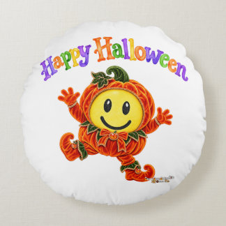 Süße Halloween-Kinder, lustiges Lächeln, Samt-Kürb Rundes Kissen
