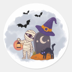 Süße Halloween-Mumie und schwarze Katzenhexe Illus Runder Aufkleber