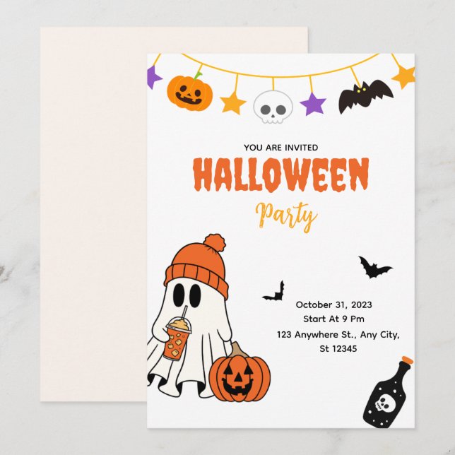 Süße Halloween-Party-Einladung mit Geist Einladung (Vorne/Hinten)