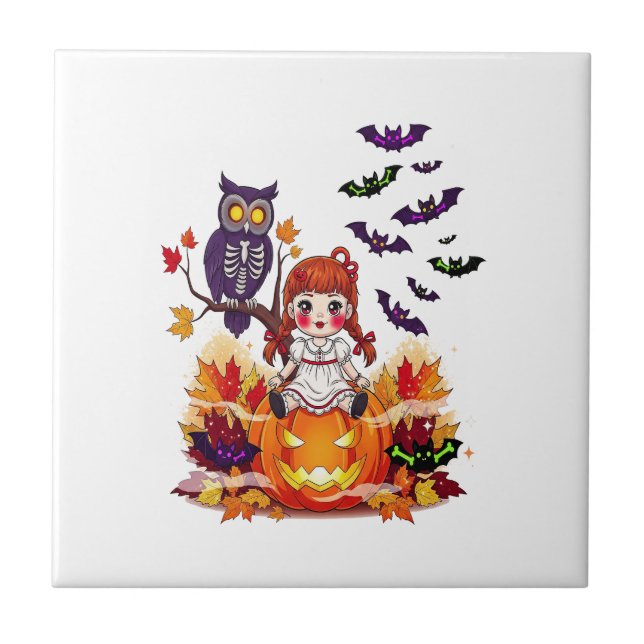 Süße Halloween-Puppe Eule Fliese (Vorderseite)