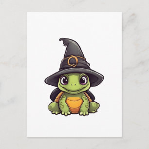 Süße Halloween-Schildkröte mit einem Hexenhut. Kop Postkarte