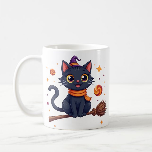 Süße Halloween-Schwarze-Kätzchen-Besen-Tasse Kaffeetasse (Links)