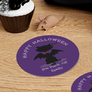 Süße Halloween-Schwarze-Katze-Fledermaus-Party-Pap Runder Pappuntersetzer