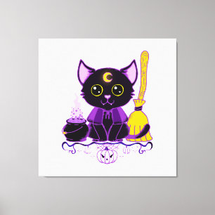 Süße Halloween-Schwarze-Katze-Hexe Leinwanddruck